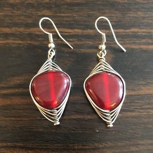 Handmade Earrings - Silver Wire with Large Red Bead